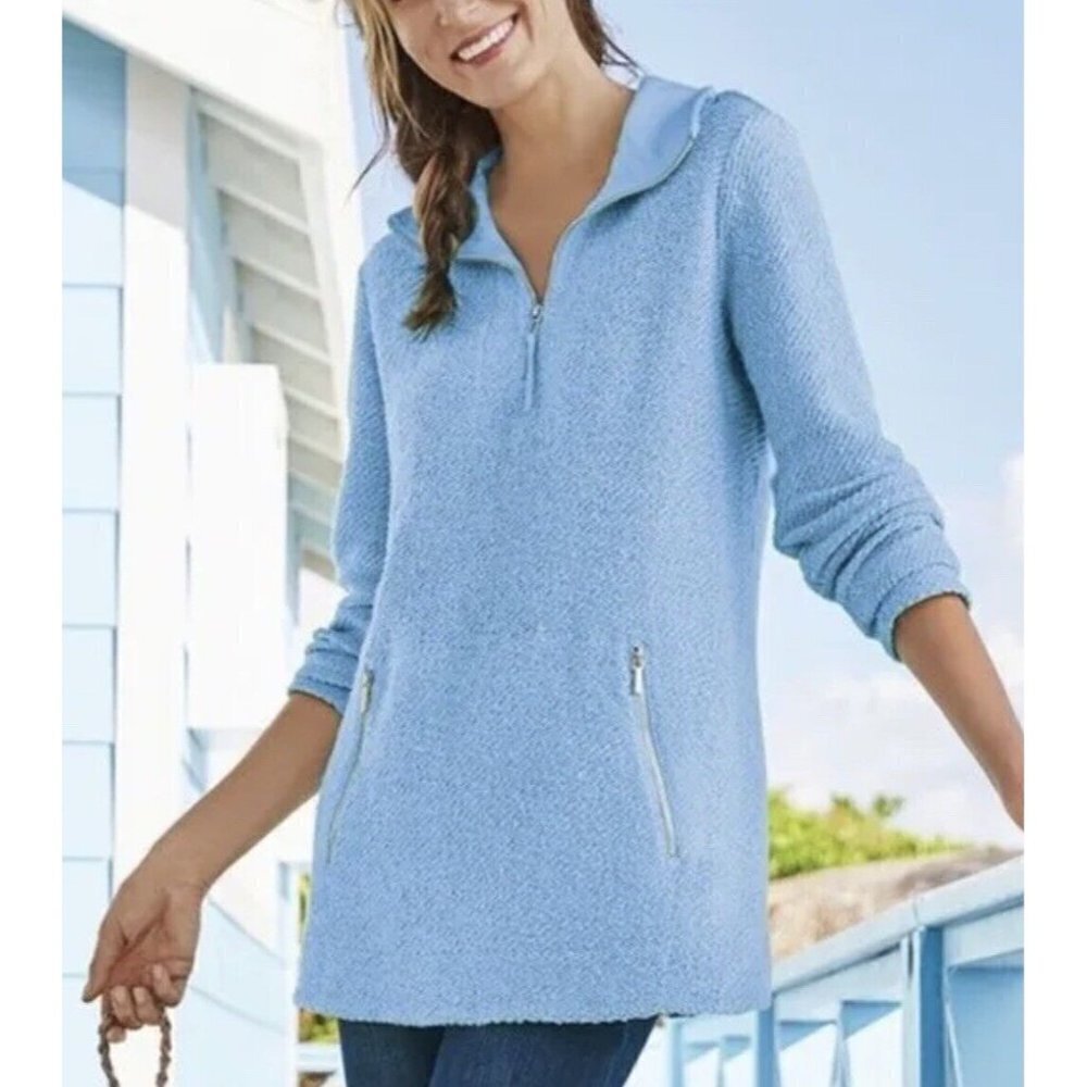 𝅺soft Surroundings E21 Westport Quarter Zip Boucle Pullover Blue Small